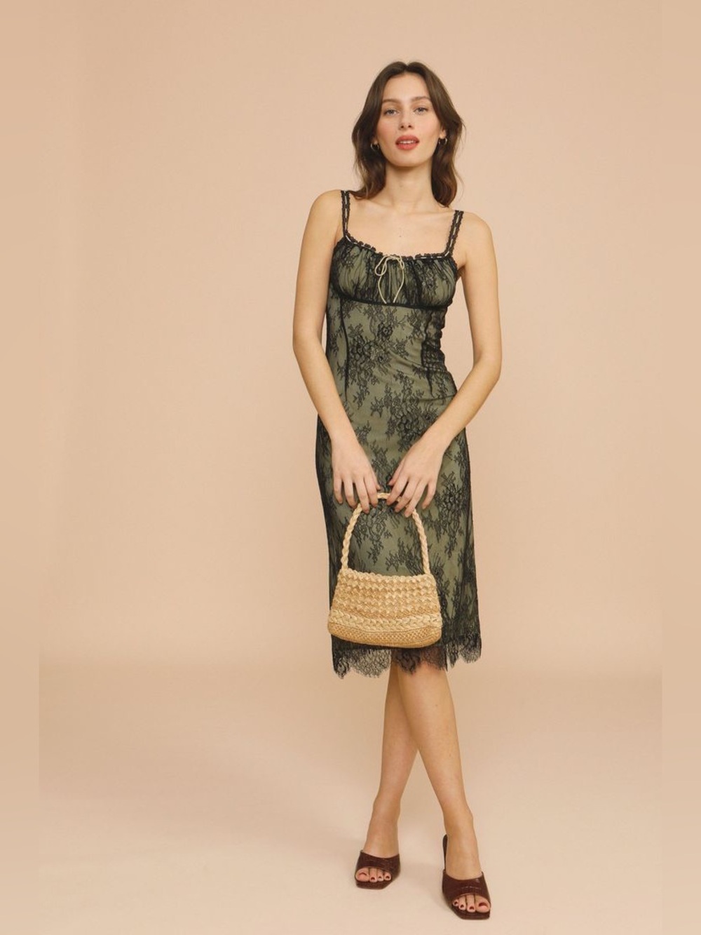 RARE Rouje Olive Green Lace-Overlay Slip Dress